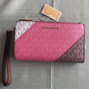 New Michael Kors Jet Set Double Zip Wallet Tea Ros